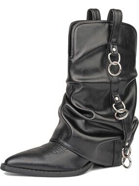 Women's Retro Black Leather Slouchy Cowgirl Moto Boot Ring Buckle Clubwear Style